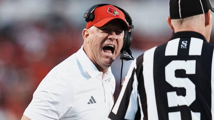 Louisville head coach Jeff Brohm yells at an official in the first half during the Louisville-James Madison college football game Friday September 5, 2025 at L&N Credit Union Stadium in Louisville, Kentucky. They used to bring into games under the Schnellenberger era. Louisville head coach Jeff Brohm yells at an official in the first half during the Louisville-James Madison college football game Friday September 5, 2025 at L&N Credit Union Stadium in Louisville, Kentucky. They used to bring into games under the Schnellenberger era.