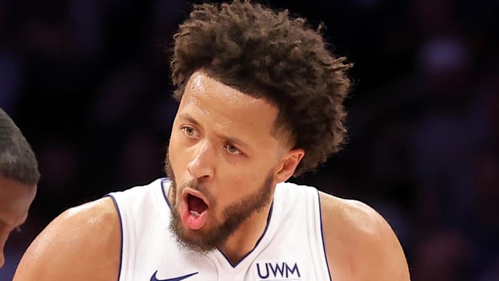 Feb 26, 2024; New York, New York, USA; Detroit Pistons guard Cade Cunningham (2) argues with referee James Williams (60) between the third and fourth quarters against the New York Knicks at Madison Square Garden. Mandatory Credit: Brad Penner-Imagn Images