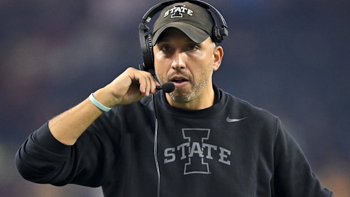 Dec 7, 2024; Arlington, TX, USA; Iowa State Cyclones head coach Matt Campbell during the game between the Iowa State Cyclones and the Arizona State Sun Devils at AT&T Stadium. Mandatory Credit: Jerome Miron-Imagn Images