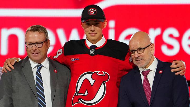 Jun 28, 2024; Las Vegas, Nevada, USA; Anton Silayev is selected by the New Jersey Devils with the 10th overall pick in the first round of the 2024 NHL Draft at The Sphere. Mandatory Credit: Stephen R. Sylvanie-USA TODAY Sports Jun 28, 2024; Las Vegas, Nevada, USA; Anton Silayev is selected by the New Jersey Devils with the 10th overall pick in the first round of the 2024 NHL Draft at The Sphere. Mandatory Credit: Stephen R. Sylvanie-USA TODAY Sports