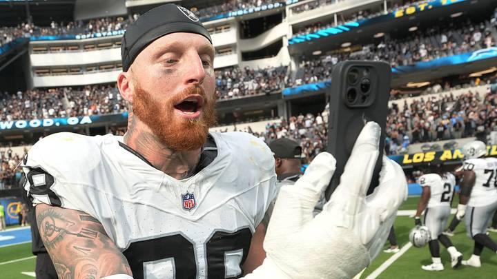 Sep 20, 2026; Inglewood, California, USA;  Las Vegas Raiders defensive end Maxx Crosby (98) celebrates after defeating the Los Angeles Chargers at SoFi Stadium.  Mandatory Credit: Kirby Lee-Imagn Images