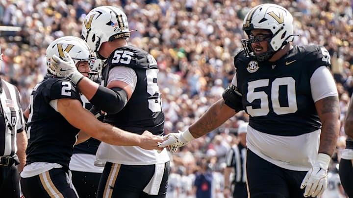Vanderbilt quarterback Diego Pavia (2) celebrates his touchdown against Utah State during the second quarter at FirstBank Stadium in Nashville, Tenn., Saturday, Sept. 27, 2025.