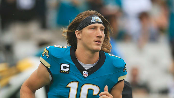 Jacksonville Jaguars quarterback Trevor Lawrence (16) runs on the field before an NFL football matchup Sunday, Oct. 6, 2024 at EverBank Stadium in Jacksonville, Fla. The Jaguars edged the Colts on a field goal 37-34. [Corey Perrine/Florida Times-Union]