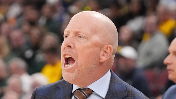 Mar 13, 2026; Chicago, IL, USA; UCLA Bruins head coach Mick Cronin yells at his team in the game against the Michigan State Spartans during the first half at United Center. Mandatory Credit: David Banks-Imagn Images