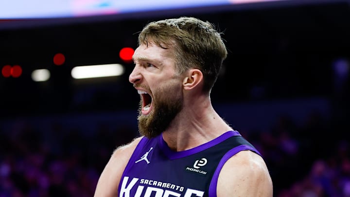 Jan 16, 2026; Sacramento, California, USA; Sacramento Kings forward Domantas Sabonis (11) reacts after a play during the fourth quarter against the Washington Wizards at Golden 1 Center. Mandatory Credit: Sergio Estrada-Imagn Images