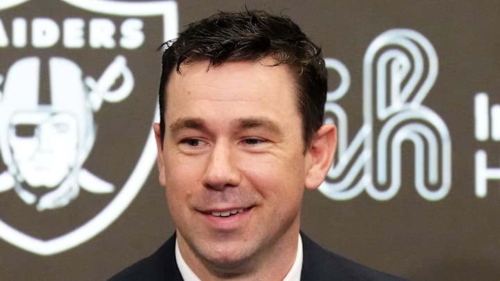 Feb 10, 2026; Henderson, NV, USA; Las Vegas Raiders coach Klint Kubiak speaks at introductory press conference at Intermountain Health Performance Center. Mandatory Credit: Kirby Lee-Imagn Images