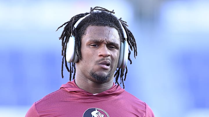 Sep 28, 2024; Dallas, Texas, USA; Florida State Seminoles defensive back Edwin Joseph (33) before the game between the Southern Methodist Mustangs and the Florida State Seminoles at Gerald J. Ford Stadium. Mandatory Credit: Jerome Miron-Imagn Images