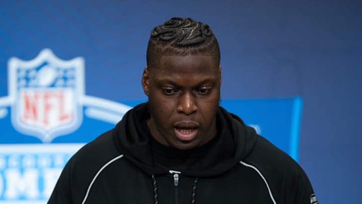 Feb 28, 2026; Indianapolis, IN, USA; Oregon offensive lineman Emmanuel Pregnon (OL40) speaks to members of the media during the NFL Combine at the Indiana Convention Center. Mandatory Credit: Jacob Musselman-Imagn Images