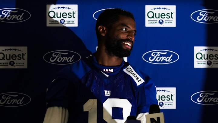 New York Giants wide receiver Darius Slayton (18) speaks to the media on day two of training camp at Quest Diagnostics Giants Training Center, Jul 24, 2025, East Rutherford, NJ, USA.