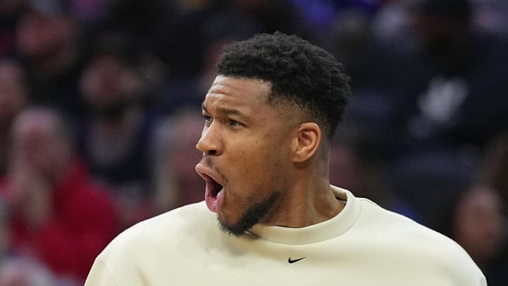 Milwaukee Bucks forward Giannis Antetokounmpo reacts during the game against the Philadelphia 76ers at Xfinity Mobile Arena on April 12, 2026.