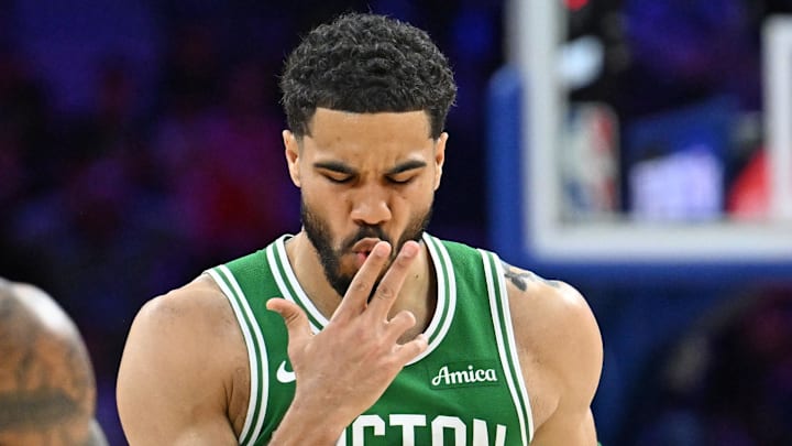 Apr 24, 2026; Philadelphia, Pennsylvania, USA; Boston Celtics forward Jayson Tatum (0) reacts after a three point basket against the Philadelphia 76ers during the second half at Xfinity Mobile Arena. Mandatory Credit: Eric Hartline-Imagn Images