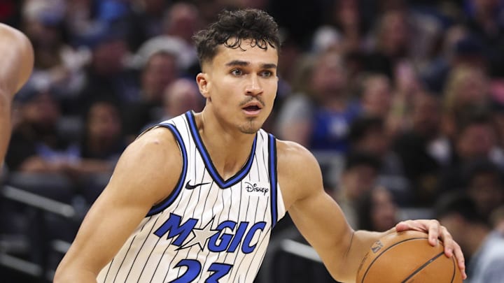 Nov 10, 2025; Orlando, Florida, USA; Orlando Magic forward Tristan da Silva (23) controls the ball against the Portland Trail Blazers in the third quarter at Kia Center. Mandatory Credit: Nathan Ray Seebeck-Imagn Images