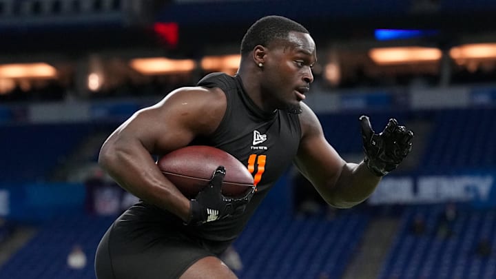 Feb 28, 2026; Indianapolis, IN, USA; Notre Dame running back Jeremiyah Love (RB11) during the NFL Scouting Combine at Lucas Oil Stadium. Mandatory Credit: Kirby Lee-Imagn Images