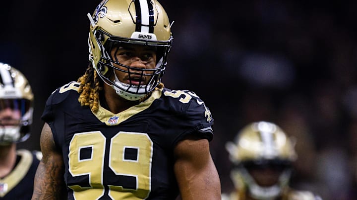 Aug 23, 2025; New Orleans, Louisiana, USA; New Orleans Saints defensive end Chase Young (99) looks on against the Denver Broncos during the first half at Caesars Superdome. Mandatory Credit: Stephen Lew-Imagn Images Aug 23, 2025; New Orleans, Louisiana, USA; New Orleans Saints defensive end Chase Young (99) looks on against the Denver Broncos during the first half at Caesars Superdome. Mandatory Credit: Stephen Lew-Imagn Images