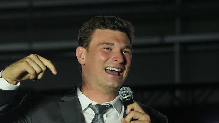 Apr 24, 2026; Henderson, NV, USA; Las Vegas Raiders quarterback Fernando Mendoza at the Festival of Football at the Intermountain Health Performance Center. Mandatory Credit: Kirby Lee-Imagn Images