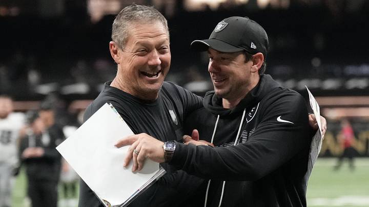 Sep 27, 2026; New Orleans, Louisiana, USA;  Las Vegas Raiders head coach Klint Kubiak and quarterbacks coach Mike Sullivan celebreate after defeating the Las Vegas Raiders at Caesars Superdome.  Mandatory Credit: Matthew Hinton-Imagn Images