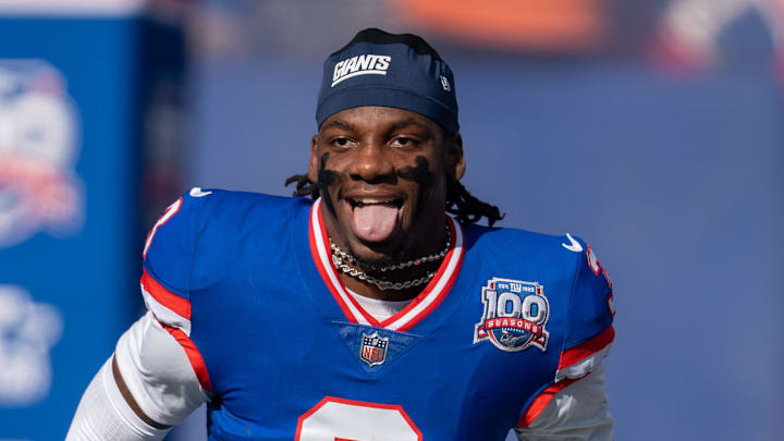 New York Giants cornerback Deonte Banks (3) runs out of the tunnel prior to the start of the game between the New York Giants and the Washington Commanders at MetLife Stadium in East Rutherford on Sunday, Nov. 3, 2024.