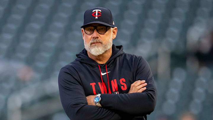 May 18, 2026; Minneapolis, Minnesota, USA; Minnesota Twins manager Derek Shelton looks on while starting pitcher Kendry Rojas (60) throws a warm up pitch during a injury timeout against the Houston Astros in the second inning at Target Field. Mandatory Credit: Jesse Johnson-Imagn Images