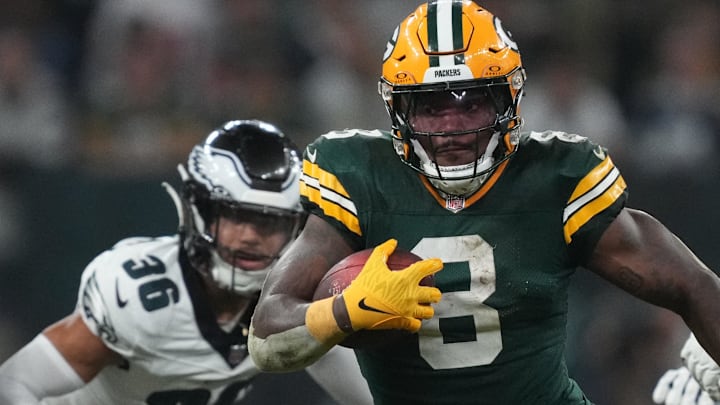 Green Bay Packers running back Josh Jacobs (8) runs during the second half against the Philadelphia Eagles in Brazil.