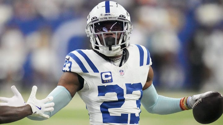 Indianapolis Colts CB Kenny Moore II celebrates after making an interception against the Tennessee Titans.