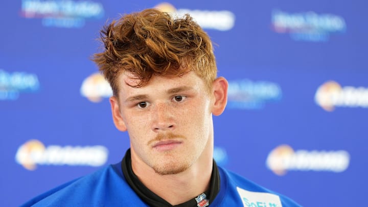 May 28, 2025; Woodland Hills, CA, USA; Los Angeles Rams tight end Terrance Ferguson (18) at press conference during organized team activities at Rams Practice Facility. Mandatory Credit: Kirby Lee-Imagn Images