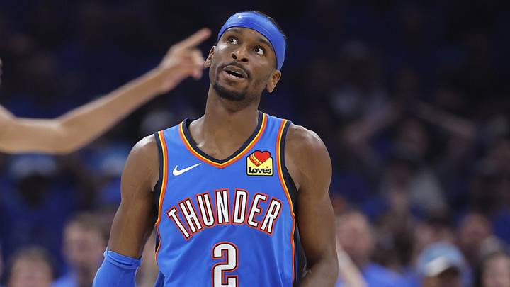 May 30, 2026; Oklahoma City, Oklahoma, USA; Oklahoma City Thunder guard Shai Gilgeous-Alexander (2) reacts in the second quarter against the San Antonio Spurs during game seven of the western conference finals for the 2026 NBA playoffs at Paycom Center. Mandatory Credit: Alonzo Adams-Imagn Images