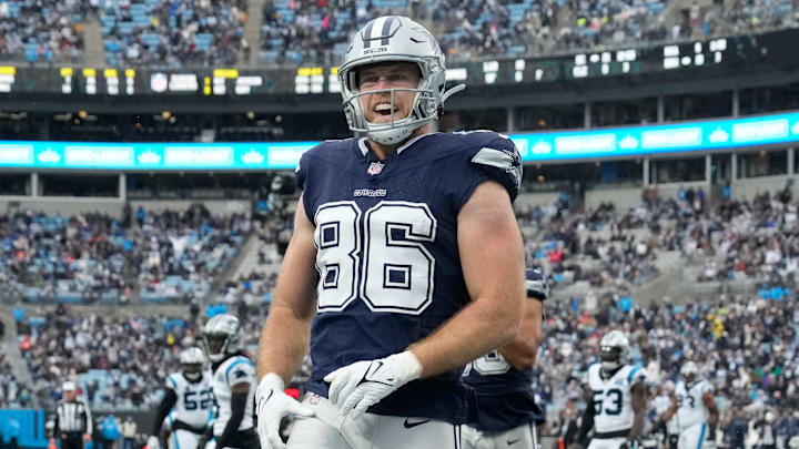 Dec 15, 2024; Charlotte, North Carolina, USA;  Dallas Cowboys tight end Luke Schoonmaker (86) reacts after wide receiver Jalen Tolbert (1) (not pictured) catches a touchdown pass in the third quarter at Bank of America Stadium. Mandatory Credit: Bob Donnan-Imagn Images