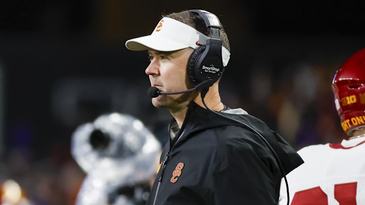 Nov 2, 2024; Seattle, Washington, USA; USC Trojans head coach Lincoln Riley stands on the sideline during the fourth quarter against the Washington Huskies at Alaska Airlines Field at Husky Stadium. Mandatory Credit: Joe Nicholson-Imagn Images
