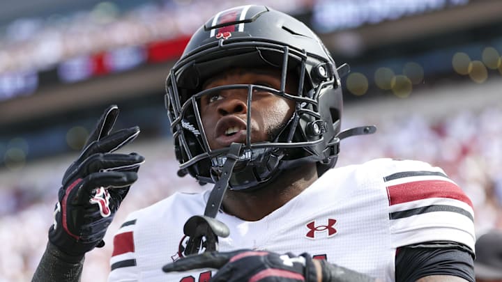 Oct 19, 2024; Norman, Oklahoma, USA;  South Carolina Gamecocks running back Raheim Sanders (5) reacts after scoring a touchdown during the first half against the Oklahoma Sooners at Gaylord Family-Oklahoma Memorial Stadium. Mandatory Credit: Kevin Jairaj-Imagn Images