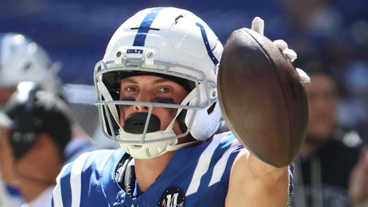Sep 7, 2025; Indianapolis, Indiana, USA; Indianapolis Colts wide receiver Alec Pierce (14) celebrates after making a catch during the second half against the Miami Dolphins at Lucas Oil Stadium. Mandatory Credit: Trevor Ruszkowski-Imagn Images