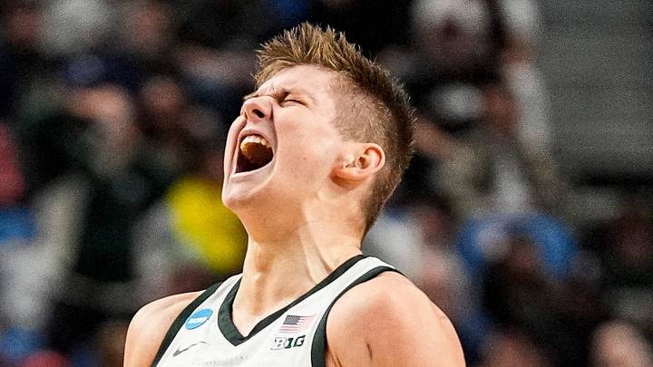Michigan State forward Jaxon Kohler (0) celebrates a 3-pointer against North Dakota State during the first half of NCAA Tournament First Round at KeyBank Center in Buffalo on Thursday, March 19, 2026.