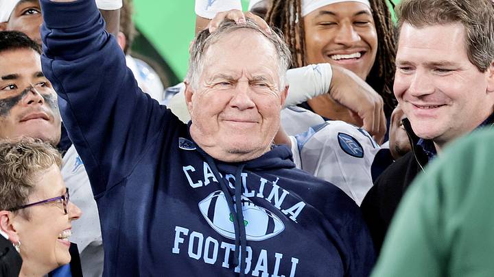 Aug 29, 2026; Dublin, Co. Dublin, IRL; North Carolina Tar Heels head coach Bill Belichick celebrates with the Coach's Award after the game at Aviva Stadium. Mandatory Credit: Laszlo Geczo-Imagn Images Aug 29, 2026; Dublin, Co. Dublin, IRL; North Carolina Tar Heels head coach Bill Belichick celebrates with the Coach's Award after the game at Aviva Stadium. Mandatory Credit: Laszlo Geczo-Imagn Images