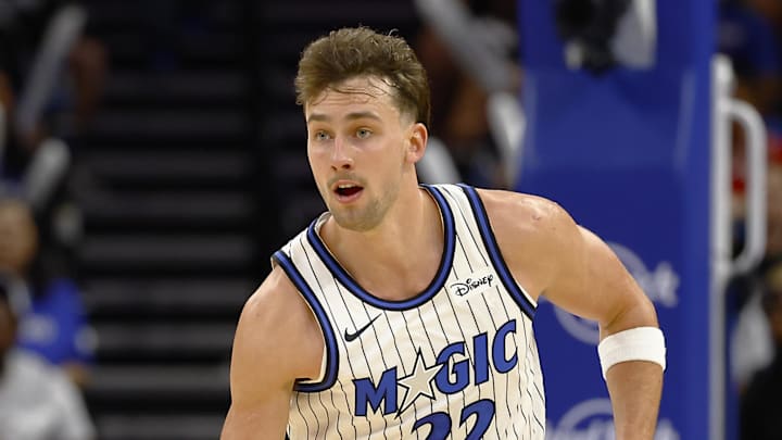 Oct 25, 2025; Orlando, Florida, USA;  Orlando Magic forward Franz Wagner (22) dribbles up the court in the first half against the Chicago Bulls at Kia Center. Mandatory Credit: Russell Lansford-Imagn Images