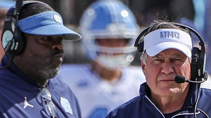 Sep 20, 2025; Orlando, Florida, USA; North Carolina Tar Heels head coach Bill Belichick walks the sideline during the first quarter against the UCF Knights at the Bounce House Stadium. Mandatory Credit: Mike Watters-Imagn Images