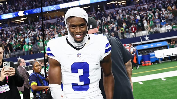 Nov 23, 2025; Arlington, Texas, USA; Dallas Cowboys wide receiver George Pickens (3) smiles after the game against the Philadelphia Eagles at AT&T Stadium. Mandatory Credit: Kevin Jairaj-Imagn Images