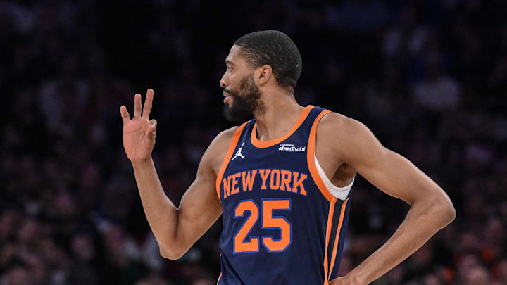 Apr 8, 2025; New York, New York, USA; New York Knicks forward Mikal Bridges (25) during the first half against the Boston Celtics at Madison Square Garden. Mandatory Credit: John Jones-Imagn Images