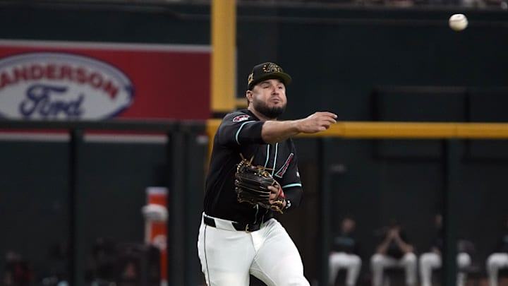 May 17, 2024; Phoenix, Arizona, USA; Arizona Diamondbacks third base Eugenio Suárez (28) makes the off balance throw against the Detroit Tigers for the out in the second inning at Chase Field. May 17, 2024; Phoenix, Arizona, USA; Arizona Diamondbacks third base Eugenio Suárez (28) makes the off balance throw against the Detroit Tigers for the out in the second inning at Chase Field.