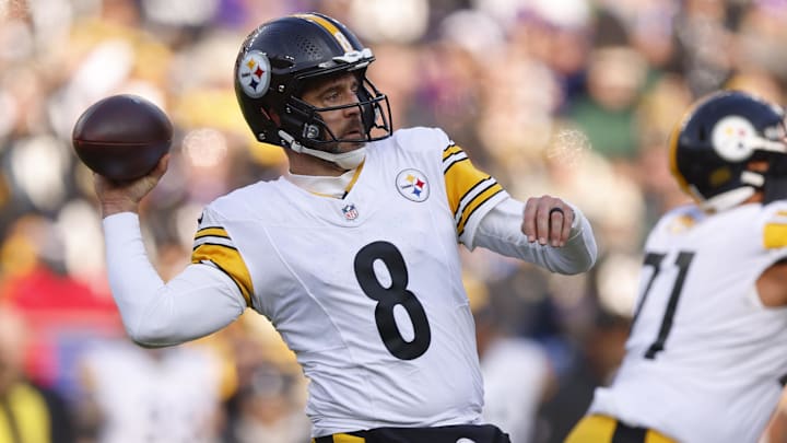 Dec 7, 2025; Baltimore, Maryland, USA; Pittsburgh Steelers quarterback Aaron Rodgers (8) passes the ball against the Baltimore Ravens during the first half at M&T Bank Stadium. Mandatory Credit: Peter Casey-Imagn Images