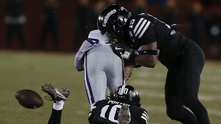 Iowa State Cyclones defensive back Ta’Shawn James (19) knocks out the ball from Kansas State Wildcats wide receiver Keagan Johnson (10) and created a fumble during the second quarter in the NCAA football at Jack Trice Stadium on Saturday, Nov. 30, 2024, in Ames, Iowa.