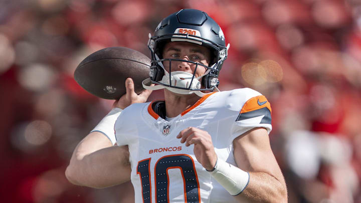August 9, 2025; Santa Clara, California, USA; Denver Broncos quarterback Bo Nix (10) warms up before the game against the San Francisco 49ers at Levi's Stadium. Mandatory Credit: Kyle Terada-Imagn Images