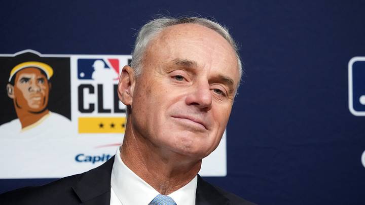 Oct 27, 2025; Los Angeles, California, USA; Major League Baseball commissioner Rob Manfred before game three of the 2025 MLB World Series between the Toronto Blue Jays and Los Angeles Dodgers at Dodger Stadium. Mandatory Credit: Kirby Lee-Imagn Images