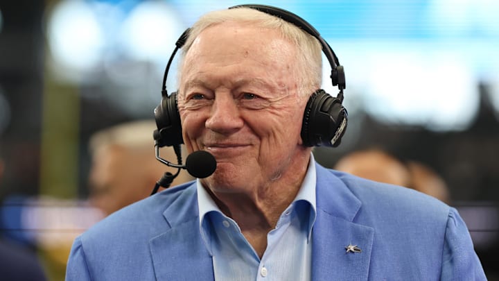 Aug 24, 2024; Arlington, Texas, USA; Dallas Cowboys owner Jerry Jones talks to the media before the game against the Los Angeles Chargers at AT&T Stadium. Mandatory Credit: Tim Heitman-Imagn Images