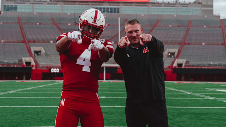 Nebraska football 2025 commit Dawson Merritt with Nebraska linebackers coach Rob Dvoracek.