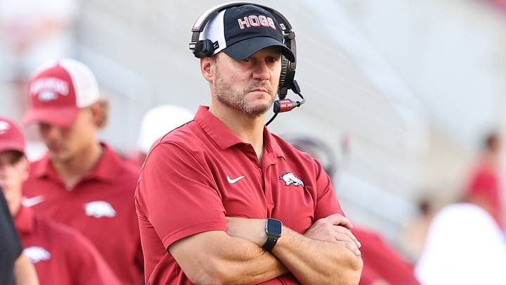 Arkansas Razorbacks head coach Ryan Silverfield during the fourth quarter against the North Alabama Lions at Donald W. Reynolds Razorback Stadium. Arkansas Razorbacks head coach Ryan Silverfield during the fourth quarter against the North Alabama Lions at Donald W. Reynolds Razorback Stadium.