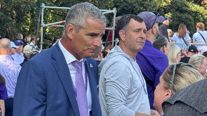 TCU athletic director Mike Buddie speaks with a TCU supporter during the TCU Pep Rally in Dublin, Ireland, on Aug. 28, 2026, ahead of the Horned Frogs' season opener against North Carolina. TCU athletic director Mike Buddie speaks with a TCU supporter during the TCU Pep Rally in Dublin, Ireland, on Aug. 28, 2026, ahead of the Horned Frogs' season opener against North Carolina.