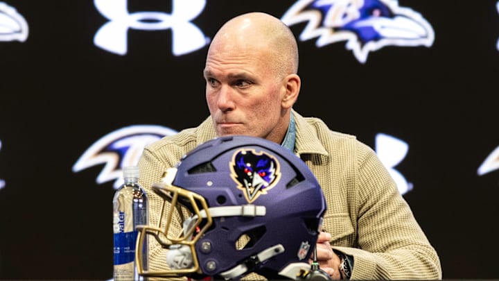 Jan 29, 2026; Owings Mills, MD, USA; Eric DeCosta at Jesse Minter’s press conference at Under Armour Performance Center. Mandatory Credit: Lexi Thompson-Imagn Images