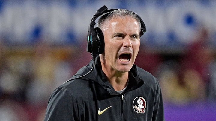 Sep 3, 2023; Orlando, Florida, USA; Florida State Seminoles head coach Mike Norvell is excited during the fourth quarter against the Louisiana State Tigers at Camping World Stadium. Mandatory Credit: Melina Myers-Imagn Images