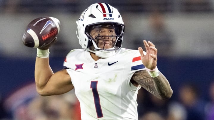 Nov 28, 2025; Tempe, Arizona, USA; Arizona Wildcats quarterback Noah Fifita (1) against the Arizona State Sun Devils during the 99th Territorial Cup at Mountain America Stadium. Mandatory Credit: Mark J. Rebilas-Imagn Images