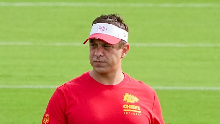 Jul 22, 2025; St. Joseph, MO, USA; Kansas City Chiefs general manager Brett Veach on field during training camp at Missouri Western State University. Mandatory Credit: Denny Medley-Imagn Images