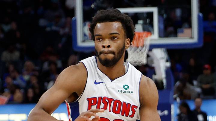 Oct 16, 2026; Detroit, Michigan, USA;  Detroit Pistons guard Ebuka Okorie (23) dribbles in the second half against the Toronto Raptors at Little Caesars Arena.  Mandatory Credit: Rick Osentoski-Imagn Images
